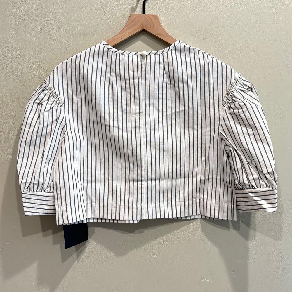 NWT Tuckernuck Edie Linen Puff Sleeve Crop Top in Blue Stripe - Size: Medium - Picture 5 of 12